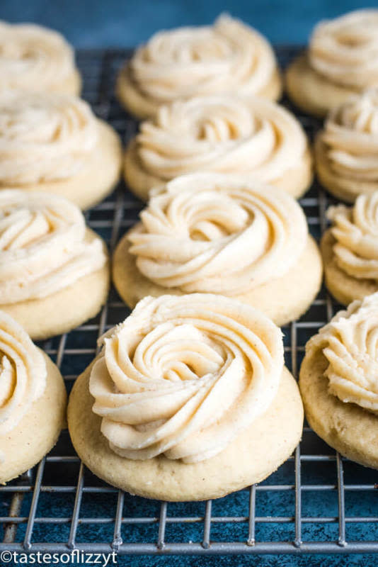<p>Tastes of Lizzy T</p><p>These frosted eggnog cookies are made with a soft sugar cookie recipe that’s spiked with eggnog, and have a gorgeous swirl of eggnog frosting on top.</p><p><strong>Get the recipe: <a href="https://www.tastesoflizzyt.com/frosted-eggnog-cookies/" rel="nofollow noopener" target="_blank" data-ylk="slk:Frosted Eggnog Cookies;elm:context_link;itc:0;sec:content-canvas" class="link rapid-noclick-resp"><em>Frosted Eggnog Cookies</em></a></strong></p>