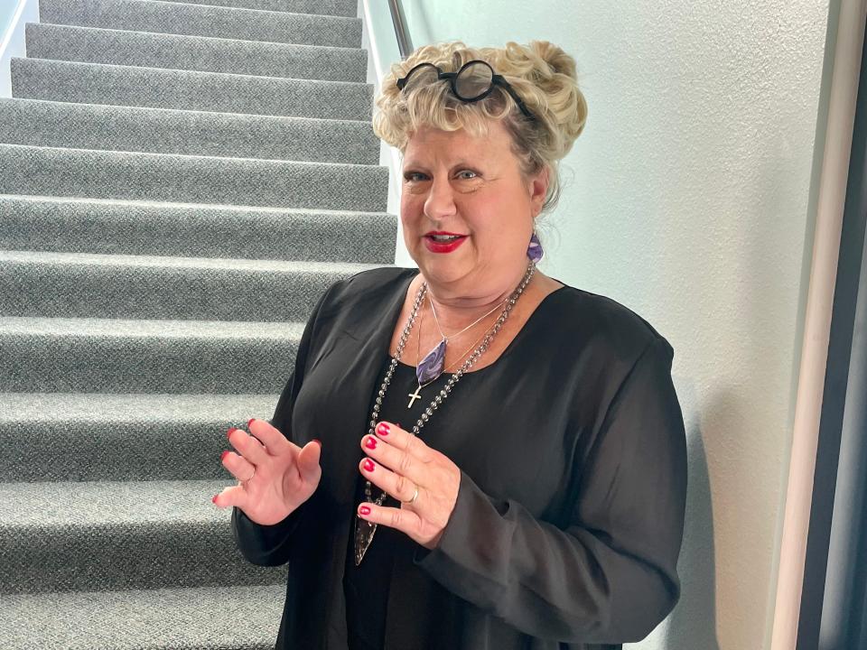 Saturday Night Live veteran Victoria Jackson exits the makeup room and heads upstairs when filming resumes on the set of "Through Eyes of Grace."