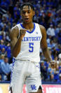 Kentucky's Immanuel Quickley celebrates after defeating Florida 65-59 in an NCAA college basketball game in Lexington, Ky., Saturday, Feb. 22, 2020. (AP Photo/James Crisp)
