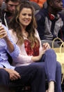 Celebrities in pastel fashion: Khloe Kardashian wore this pastel pink Wildfox jumper to watch the LA Clippers vs Philadelphia 76ers game at the Staples Center in LA.<br><br>© WENN