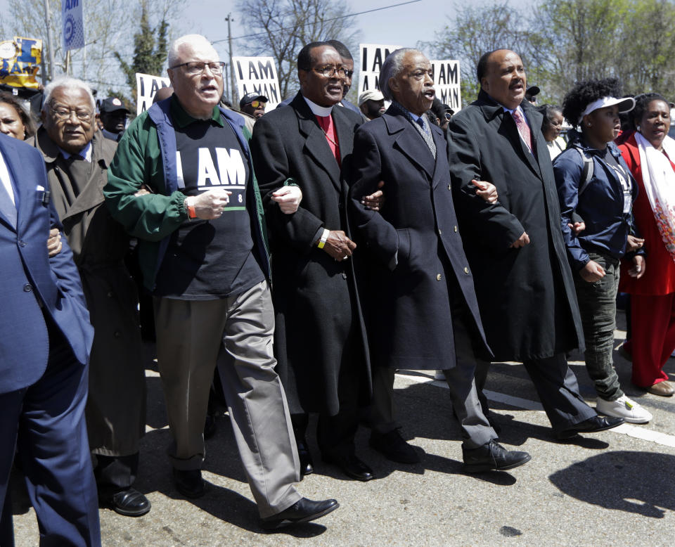 FILE - From left; Rev. James Lawson, labor union leader Lee Saunders, Bishop Charles E. Blake Sr., Rev. Al Sharpton, and Martin Luther King III join a march in commemoration of the 50th anniversary of the assassination of Rev. Martin Luther King Jr., Wednesday, April 4, 2018, in Memphis, Tenn. Lawson, an apostle of nonviolent protest who schooled activists to withstand brutal reactions from white authorities as the civil rights movement gained traction, has died, his family said Monday, June 10, 2024. He was 95. (AP Photo/Mark Humphrey, File)