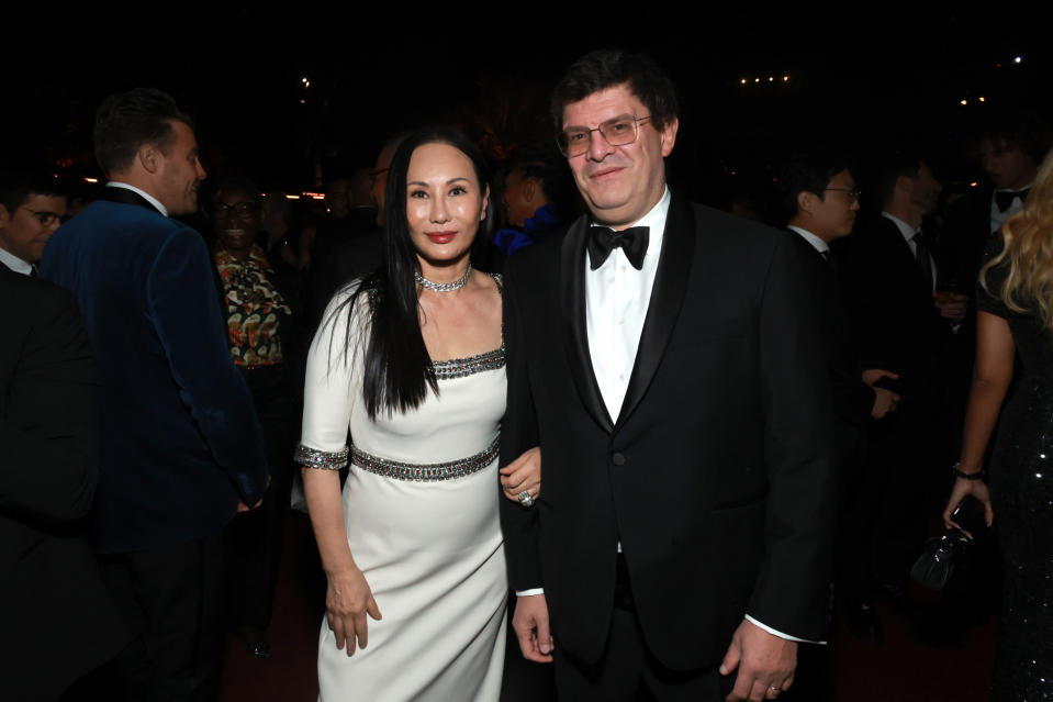 LACMA Art + Film Gala Co-Chair Eva Chow, wearing Gucci, and Gucci Global CEO Jean-François Palus