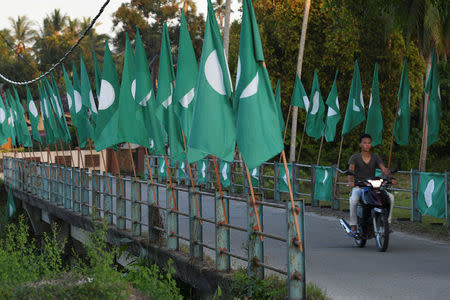 A motorcyclist passes Parti Islam Se-Malaysia (PAS) flags in Kota Bharu, Kelantan, Malaysia April 12, 2018. Picture taken April 12, 2018. REUTERS/Stringer