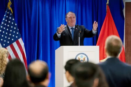 U.S. Secretary of State Mike Pompeo speaks at a Business Community Reception at the Metropole Hotel in Hanoi, Vietnam, July 8, 2018. Andrew Harnik/Pool via REUTERS