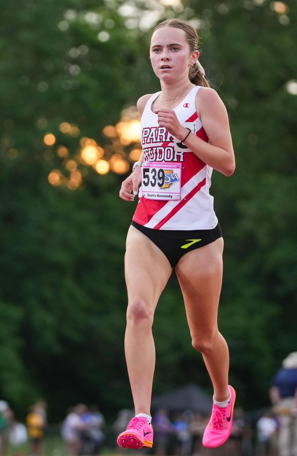 Park Tudor's Sophia Kennedy competes in the 3,200 meter run Saturday, June 3, 2023, during the IHSAA girls track and field state finals at Robert C. Haugh Track and Field Complex at Indiana University in Bloomington. 