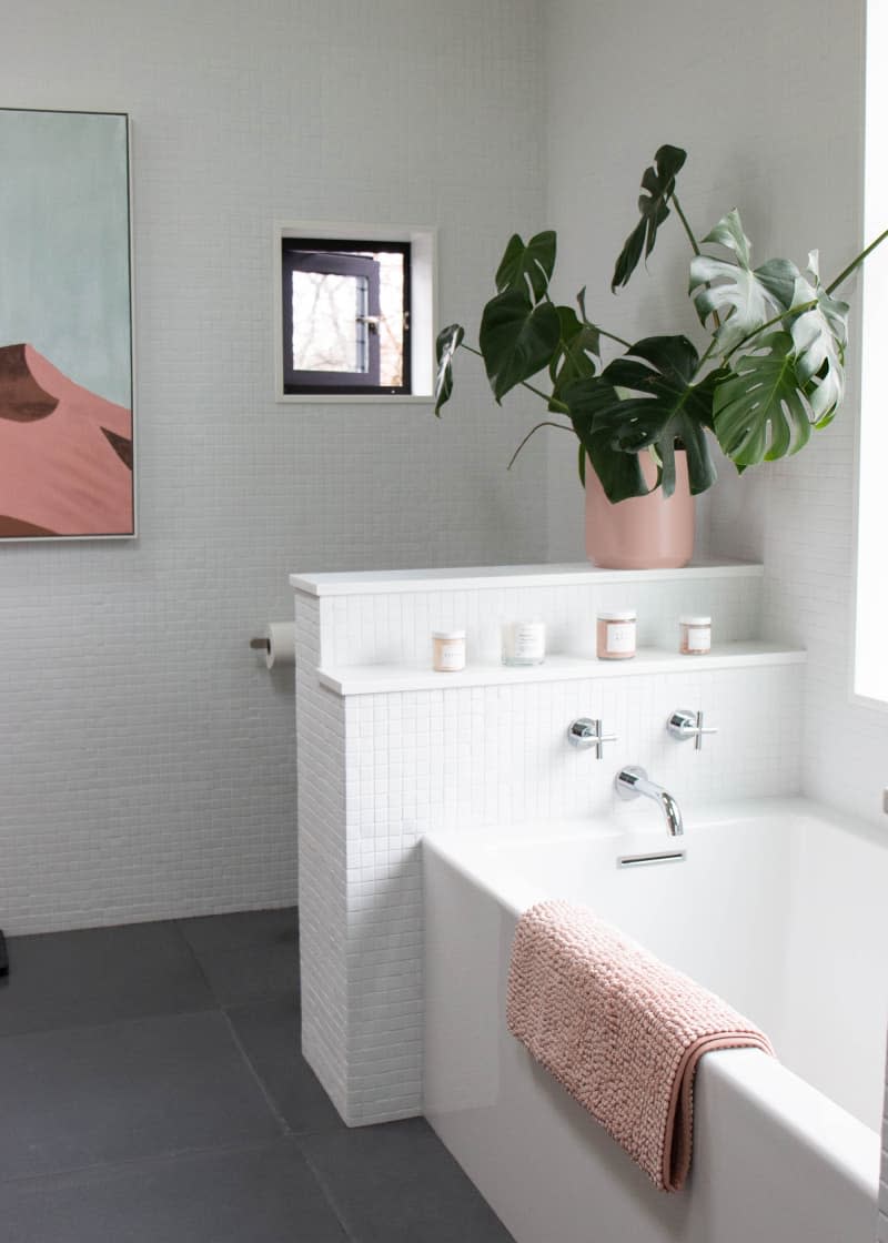 Potted plant on tile shelf above tub in newly renovated bathroom.