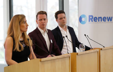 Sandra Khadhouri, together with fellow Renew party members James Clarke and James Torrance, speaks at the launch of the new political party in London, Britain, February 19, 2018. REUTERS/Peter Nicholls