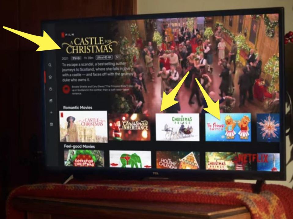 yellow arrows pointing to different netflix original christmas movies on the home page of the sceener in falling for christmas