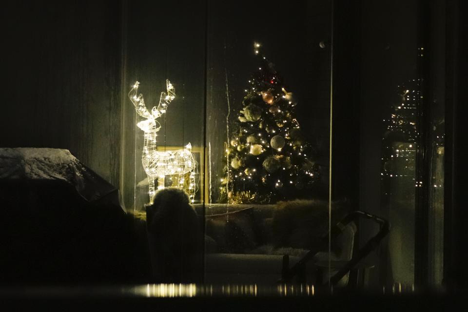 Christmas tree sparkling with festive lights is seen through a window of an apartment building decorated for the Christmas and New Year festivities, in Tallinn, Estonia, on Friday, Dec. 22, 2023. In Estonia, as in many parts of the world, trees covered with lights brighten up homes and town squares during the Winter Solstice and Christmas festivities afterwards. (AP Photo/Pavel Golovkin)