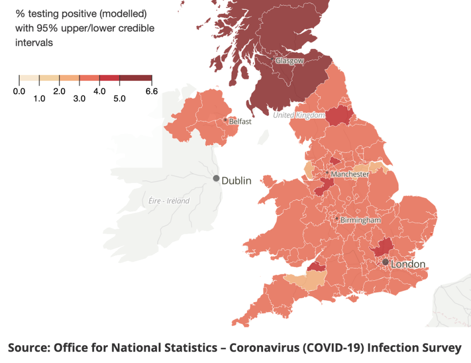 Modelled percentage of the population testing positive in the week to 24 June (ONS)