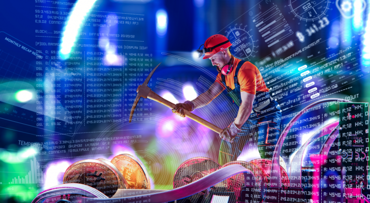 An image of a miner with a pickaxe mining digital coins, computer code and various numbers are overlaid on the image