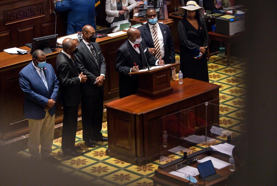 G.A. Hardaway and members of the Black Caucus present a resolution to honor Rev. William Barber at the end of the legislative session in the Tennessee House of Representatives in Nashville, Tenn., on Wednesday, May 5, 2021. The resolution failed after members of the house.