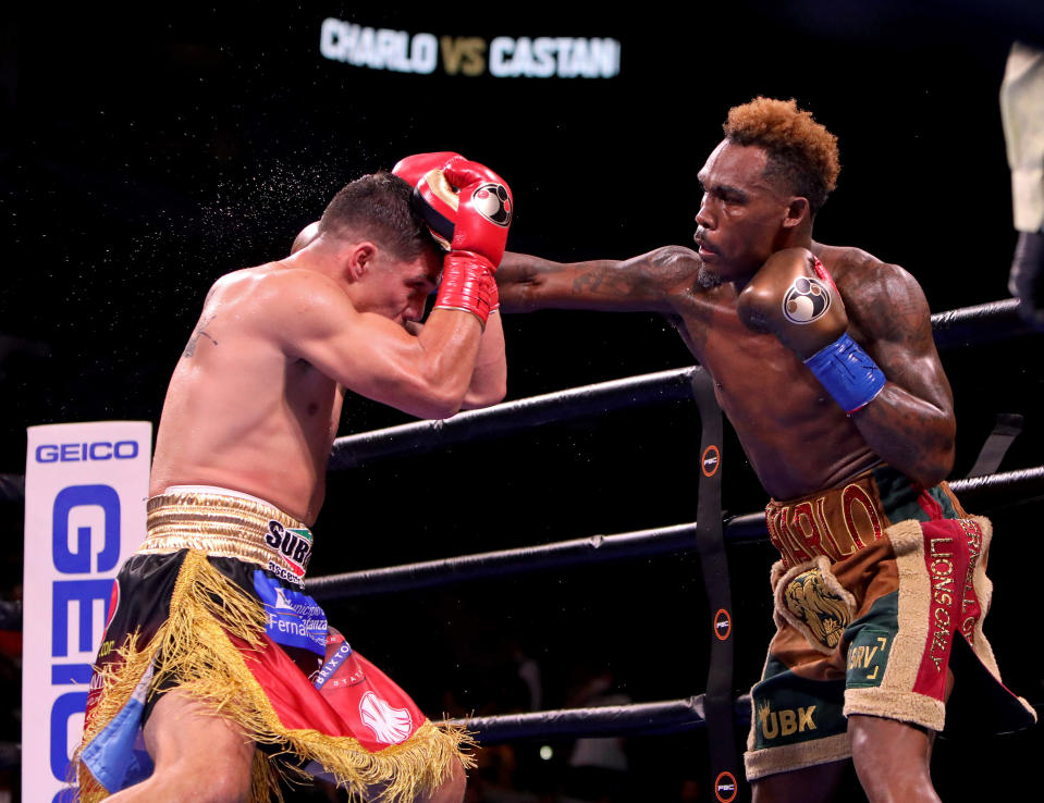 SAN ANTONIO, TX - JULY 17: Jermell Charlo (R) and Brian Castano (L) exchange punches during their Super Welterweight fight at AT&T Center on July 17, 2021 in San Antonio, Texas. The Jermell Charlo and Brian Castano fight ended in a split draw. (Photo by Edward A. Ornelas/Getty Images)