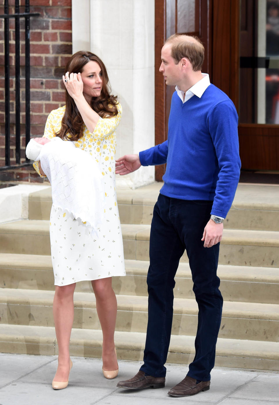 Photo by: KGC-03/STAR MAX/IPx 5/2/15 The Princess of Cambridge is seen outside the Lindo Wing of St. Mary's Hospital with her parents Prince William The Duke of Cambridge and Catherine The Duchess of Cambridge.  The Princess was born on Saturday, May 2nd, 2015 at 8:34 AM weighing 8lbs. 3oz.  (Star Max/IPX via AP Images)