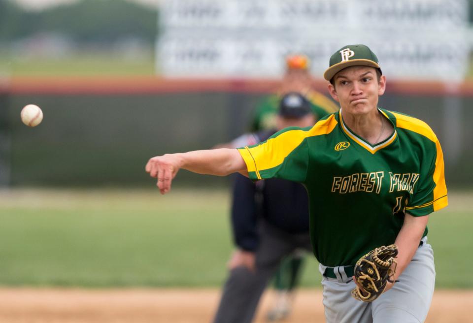Forest Park’s Clayton Weisheit (18) pitches as the Forest Park Rangers take on the North Posey Vikings Tuesday evening, May 11, 2021. 