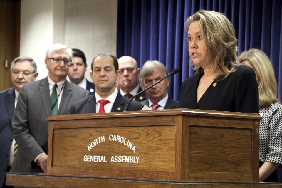 North Carolina state Sen. Amy Galey, an Alamance County Republican, speaks to reporters at a news conference in the Legislative Building in Raleigh, N.C., on Wednesday, Feb. 1, 2023. Galey said she was baffled that her Parents' Bill of Rights, which seeks to bar instruction about sexuality and gender identity in K-4 classrooms, is seen as divisive. (AP Photo/Hannah Schoenbaum)