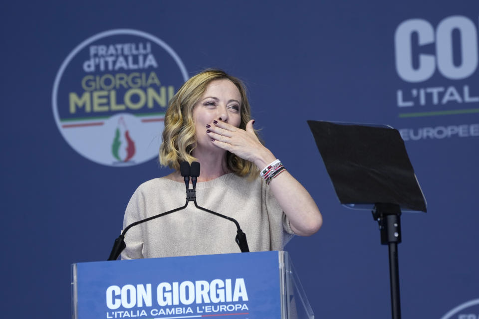 Italian Premier Giorgia Meloni delivers her speech during at an electoral rally ahead of the EU parliamentary elections that will take place in Italy on 8 and 9 June, in Rome, Saturday, June 1, 2024. (AP Photo/Alessandra Tarantino)