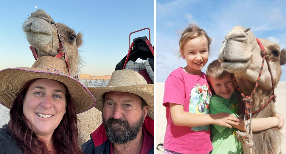 Rodney Sansom smiles with his partner Diane (left) and his granddaughter and grandson smile while hugging a camel's neck (right). 