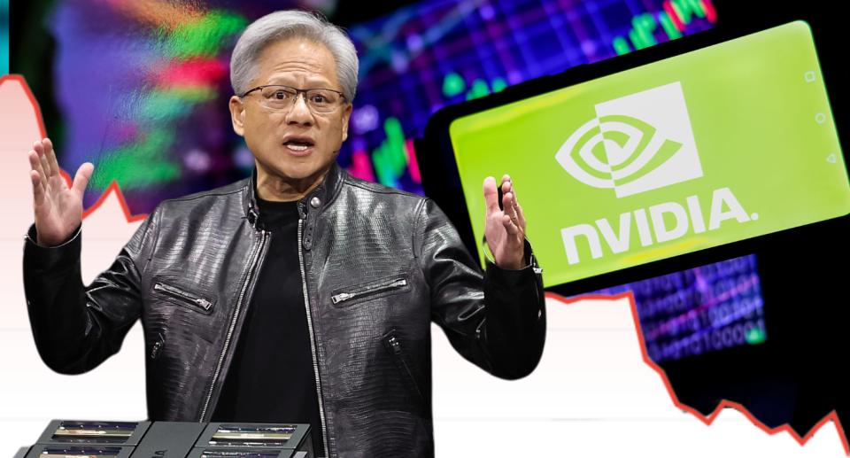 Nvidia CEO Jensen Huang next to Nvidia sign and stock loss graph