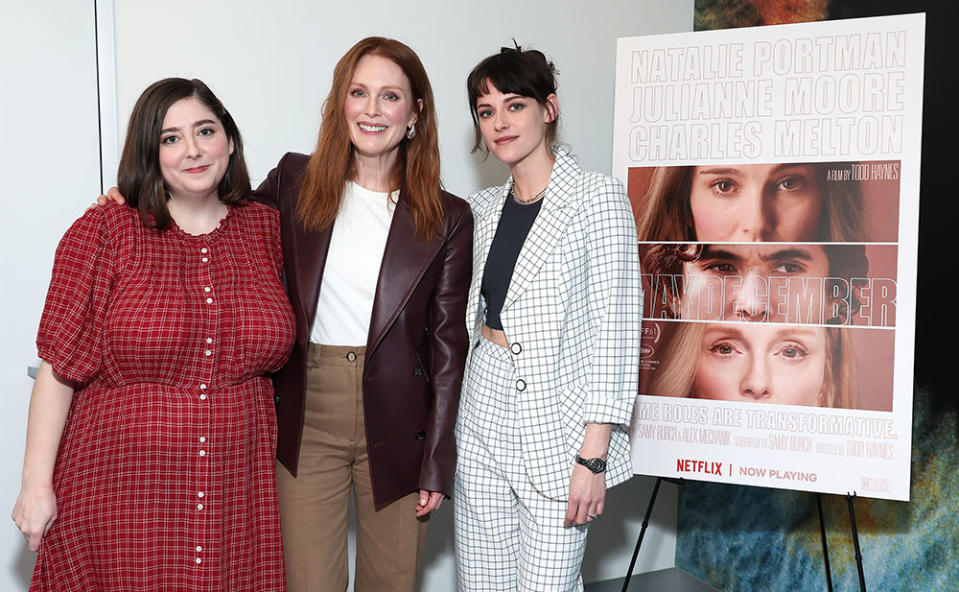 Samy Burch, Julianne Moore and Kristen Stewart attend Netflix's May December LA Tastemaker event at WME Agency on January 06, 2024 in Beverly Hills, California.