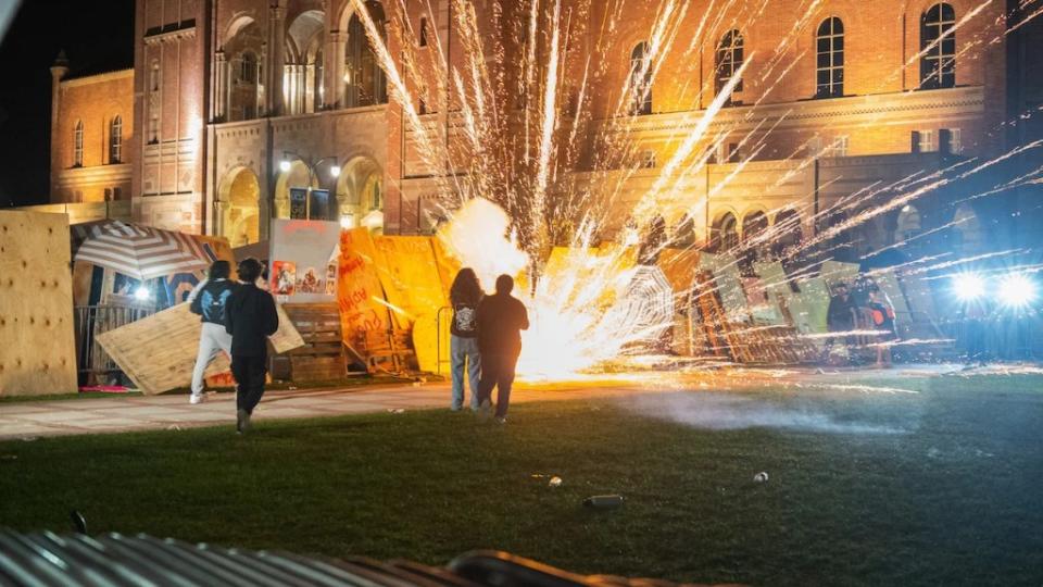 Pro-Israel counter-protesters attack pro-Palestine protesters' encampment at UCLA on April 30