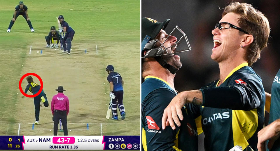 Adam Zampa's fourth wicket against Namibia at the World Cup saw the spinner become the first Aussie man to claim 100 scalps in T20 internationals. Pic: Prime/Getty