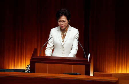 Hong Kong Chief Executive Carrie Lam delivers her policy speech at the Legislative Council in Hong Kong, China October 11, 2017. REUTERS/Bobby Yip