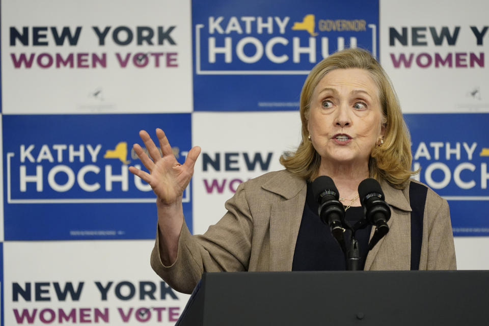 Former Secretary of State Hillary Clinton speaks during a campaign event for New York Gov. Kathy Hochul, Thursday, Nov. 3, 2022, at Barnard College in New York. (AP Photo/Mary Altaffer)