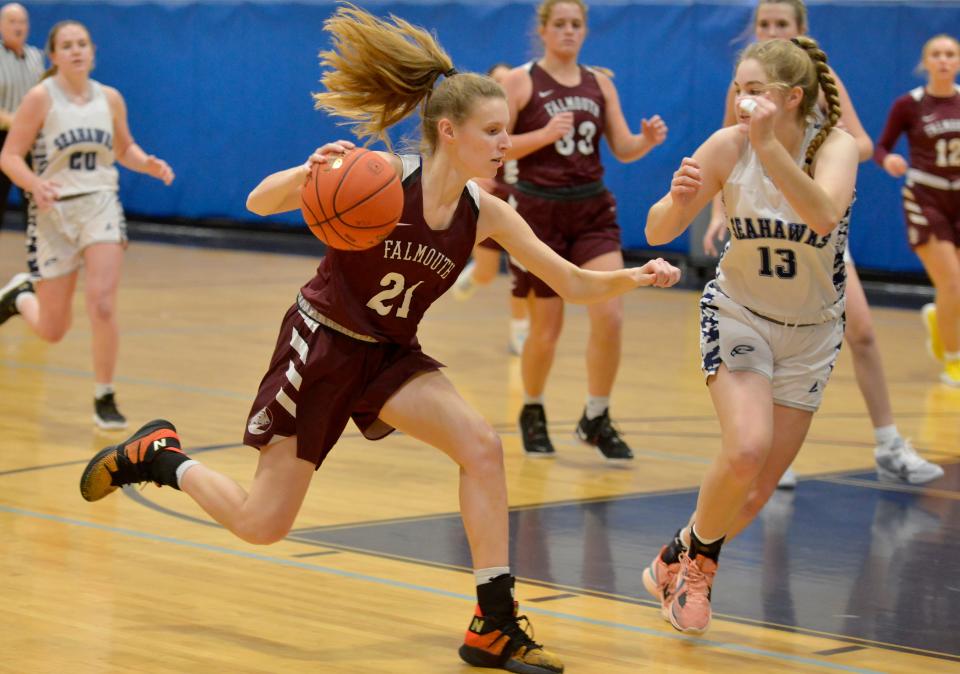 Falmouth's Teagan Lind heads down the court in a first quarter play on Jan. 5, 2023.