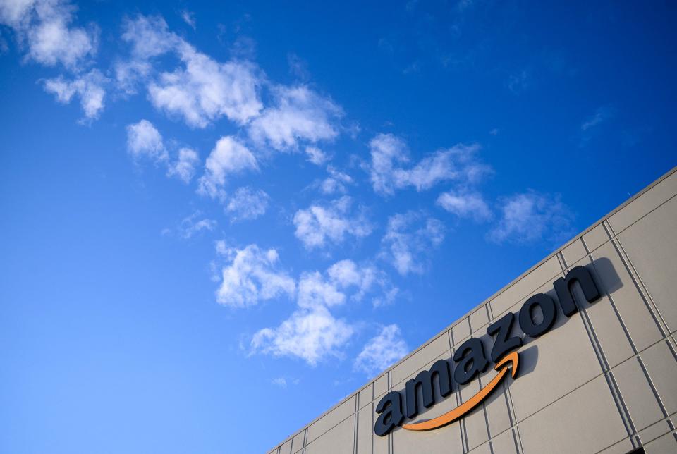 The Amazon logo is seen at the Amazon fulfillment center in Staten Island, one of the five boroughs of New York City.