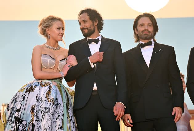 Maria Bakalova, who plans Ivana Trump, director Ali Abbasi and Sebastian Stan (who plays Trump) at the Cannes premiere for 