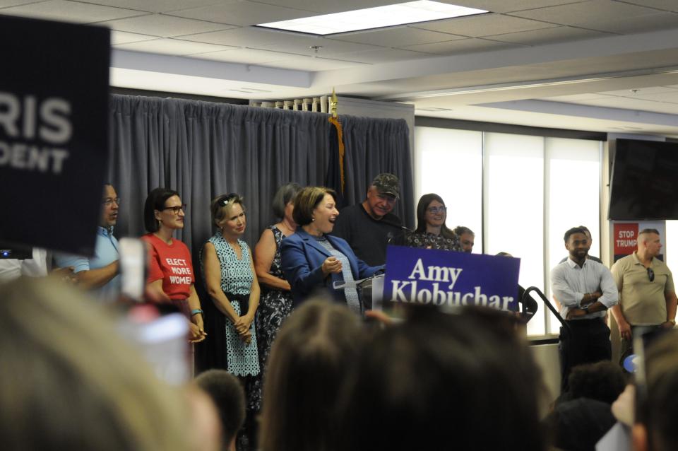 U.S. Sen. Amy Klobuchar speaks in support of Vice President Kamala Harris in her 2024 campaign.