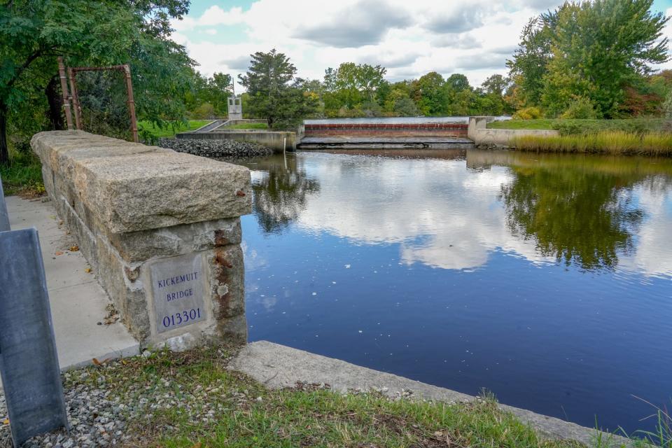 The lower dam on the Kickemuit River, shown here in September 2022, was more of a challenge to remove than the upper dam because flooding from storm surges made worse by high tides kept excavators from the site.