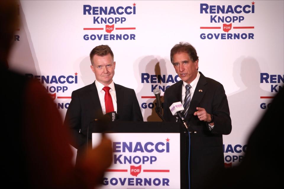 Christian film producer Joe Knopp, left, is announced as former Rep. Jim Renacci's running mate as the Republican seeks to unseat Gov. Mike DeWine. Knopp produced "UnPlanned," a documentary about an abortion clinic director who turned into an anti-abortion advocate.