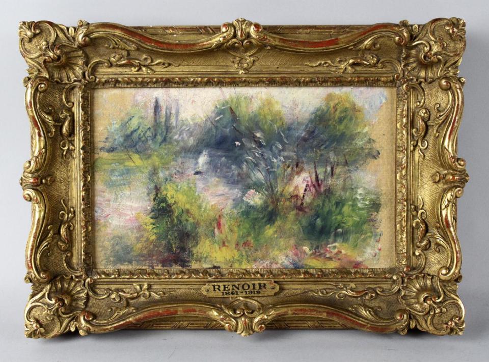 This undated image provided by the Potomack Company shows an apparently original painting by French impressionist Pierre-Auguste Renoir that was acquired by a woman from Virginia who stopped at a flea market in West Virginia and paid $7 for a box of trinkets that included the painting. An auction house has put on hold the sale of a painting believed to be by French impressionist Pierre-Auguste Renoir that a woman bought at a West Virginia flea market because a reporter found evidence someone stole the painting from the Baltimore Museum of Art. A Washington Post reporter discovered documents in the museum’s library showing the painting was there from 1937 until 1949. Museum officials then found paperwork showing the painting, “Paysage Bords de Seine,” was stolen in 1951. (AP Photo/Potomack Company)