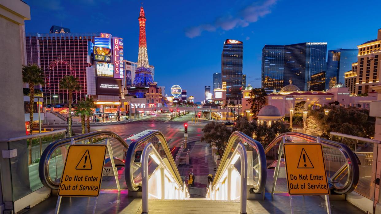 Las Vegas, MAR 23, 2020 - Dusk special lockdown cityscape of the famous Strip.