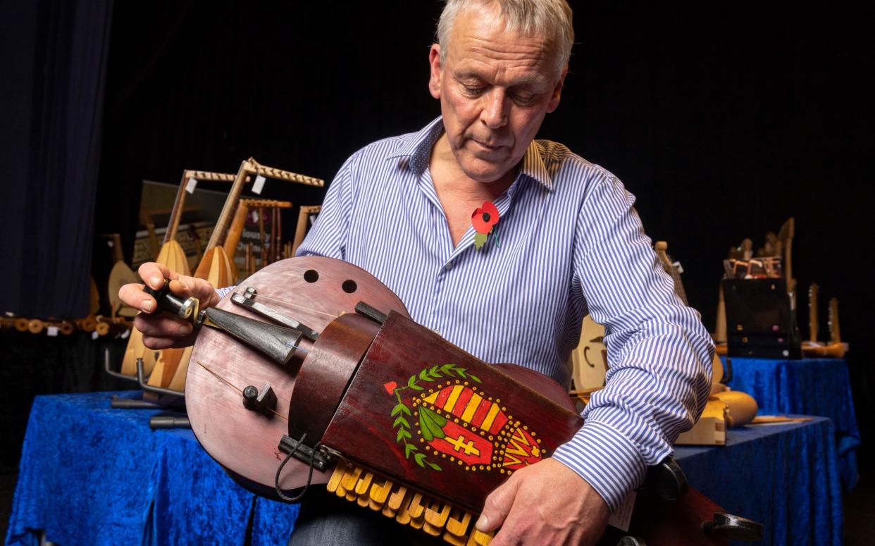 The London International Festival of Early Music: a member of staff plays the Baroque Style Hurdy Gurdy, worth £1275