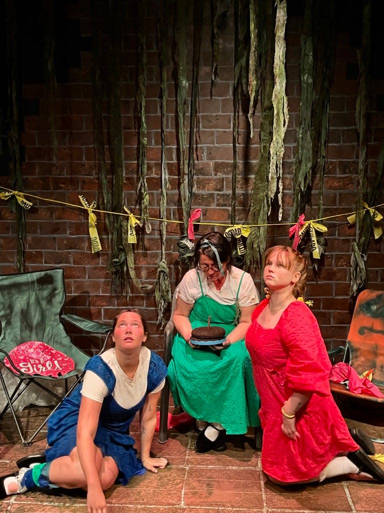 Emma Hennessy as Libby, Sandra Basile as Eleanor and Lily Anderson as Marigold in a tense moment but still looking up in "Three Little Girls Down A Well."