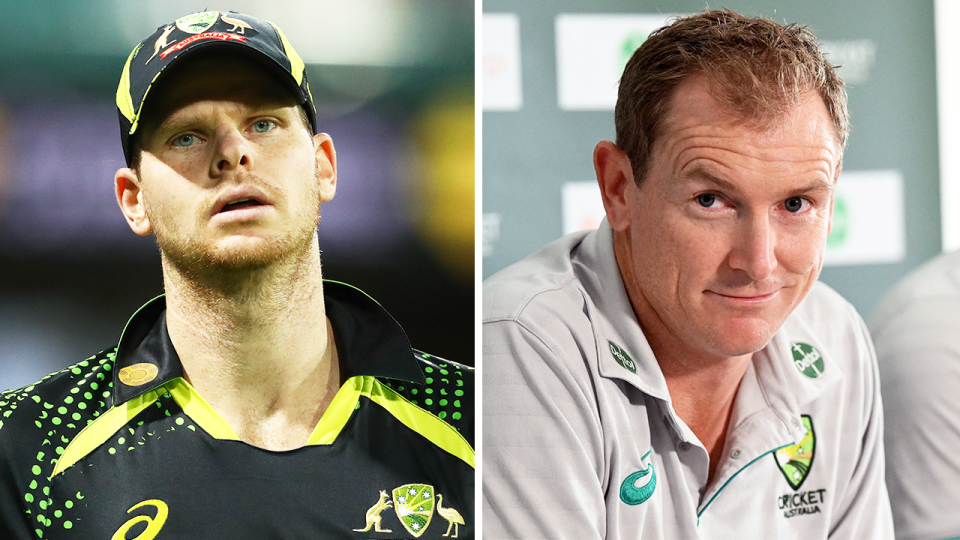 Selector George Bailey (pictured right) during a media conference and (pictured left) Steve Smith looking shocked.