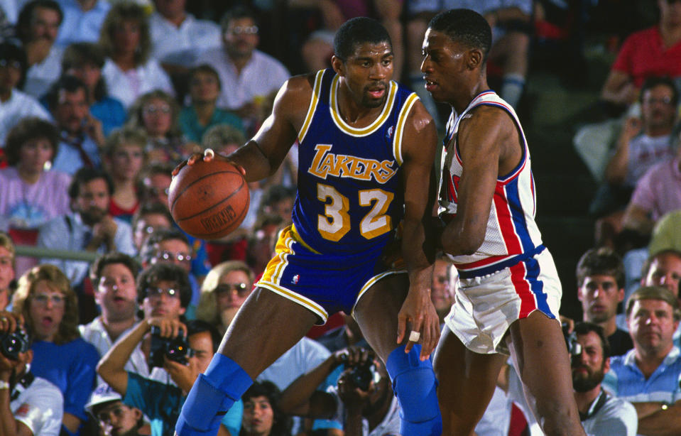 Dennis Rodman defended Magic Johnson in two straight NBA Finals. (Getty Images)