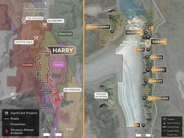 <i>Figure 1. Harry Property, Regional Geology and significant deposits/mines.</i>