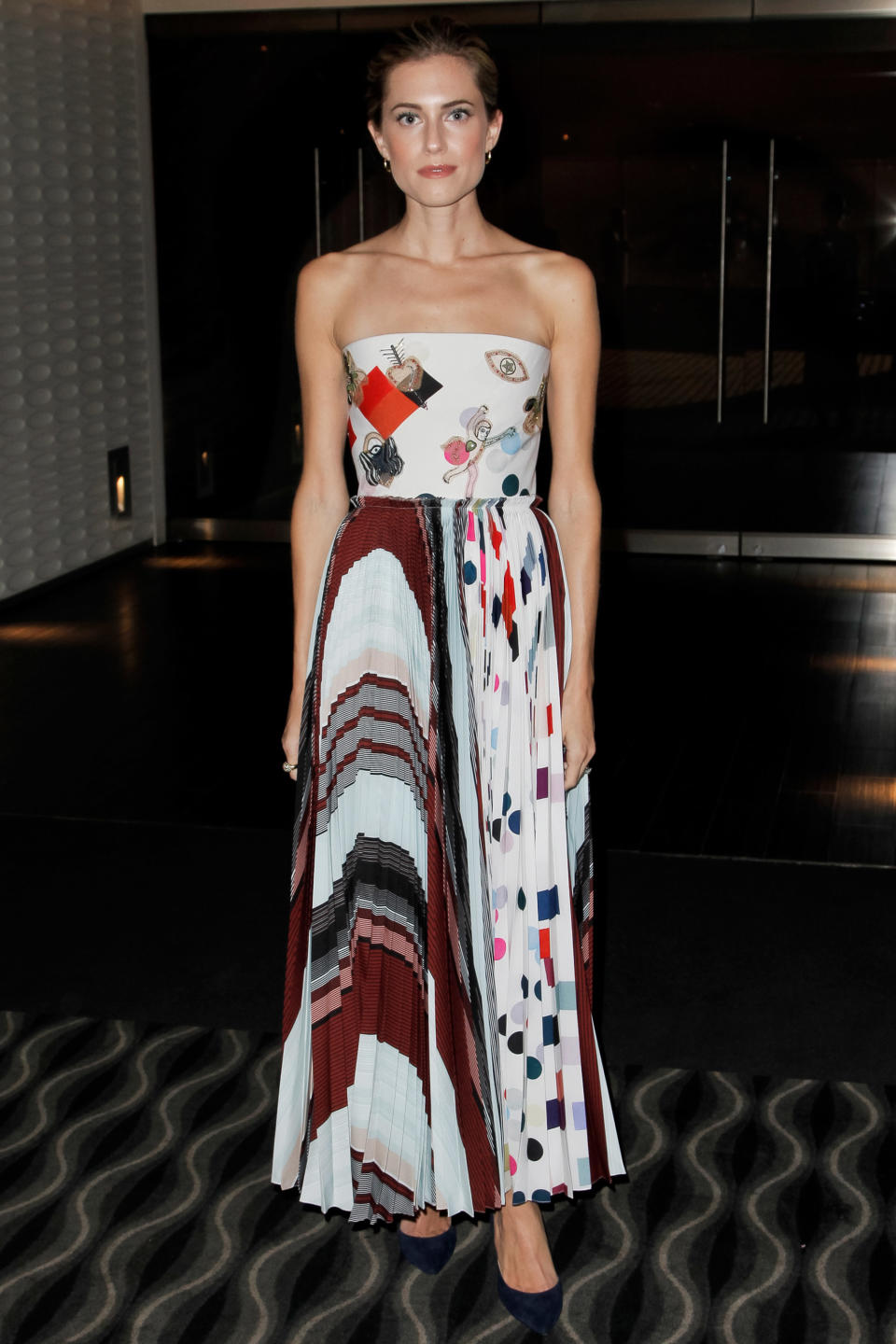 <p><strong>17 November </strong>Allison Williams wore a patterned Schiaparelli gown to the Sag-Aftra event discussing her film <em>Get Out.</em></p>