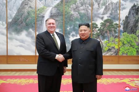 North Korean leader Kim Jong Un meets with U.S. Secretary of State Mike Pompeo in Pyongyang in this photo released by North Korea's Korean Central News Agency (KCNA) on October 7, 2018. KCNA via REUTERS .