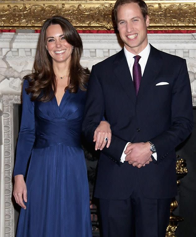 Kate Middleton (with Prince William) in her blue Issa London dress.  Photo: Getty Images