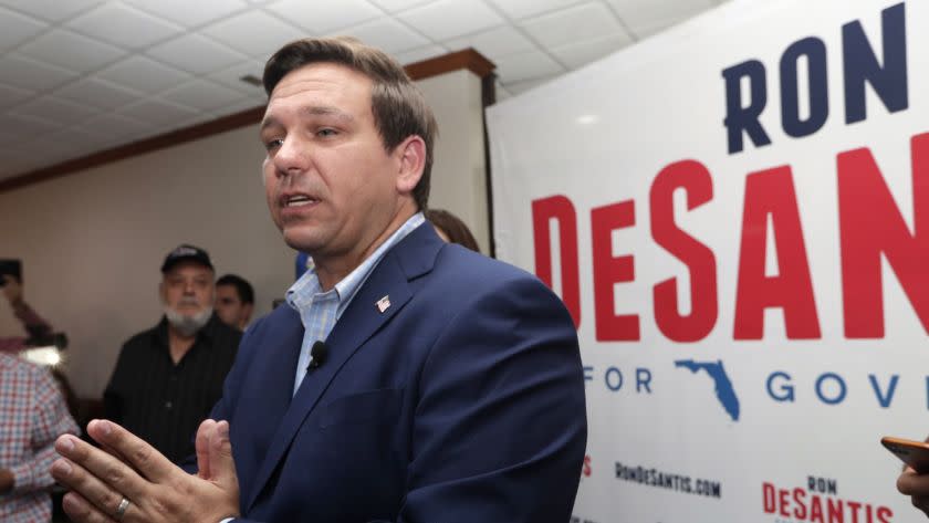 Republican gubernatorial candidate Ron DeSantis speaks during a campaign event at Versailles restaurant, Monday, Aug. 27, 2018, in Miami. (AP Photo/Lynne Sladky)