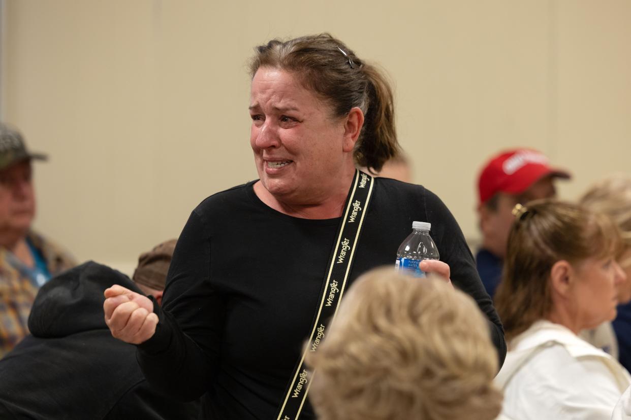 Windham resident Siobhan Bust thanks the community for its help and support during a public meeting Sunday, April 21, 2024. The home where Siobhan Bust and her husband, Troy, live suffered massive damage during a tornado Wednesday, April 17, 2024.