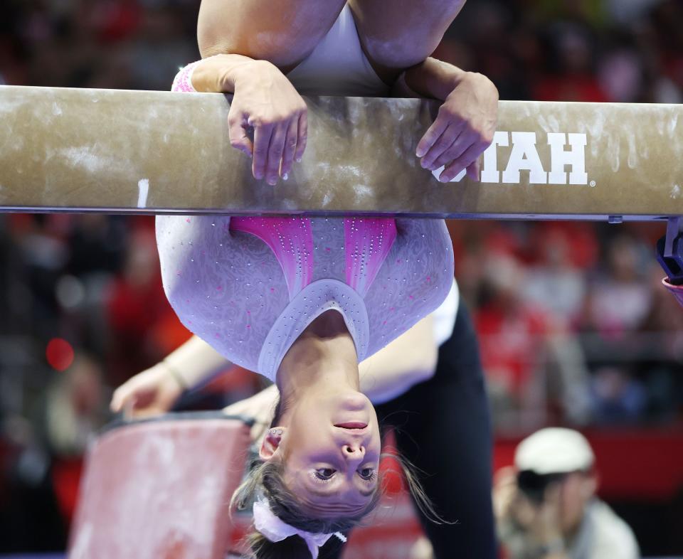 University of Utah gymnast Grace McCallum competes on the beam against Stanford in Salt Lake City on Friday, Feb. 23, 2024. | Jeffrey D. Allred, Deseret News