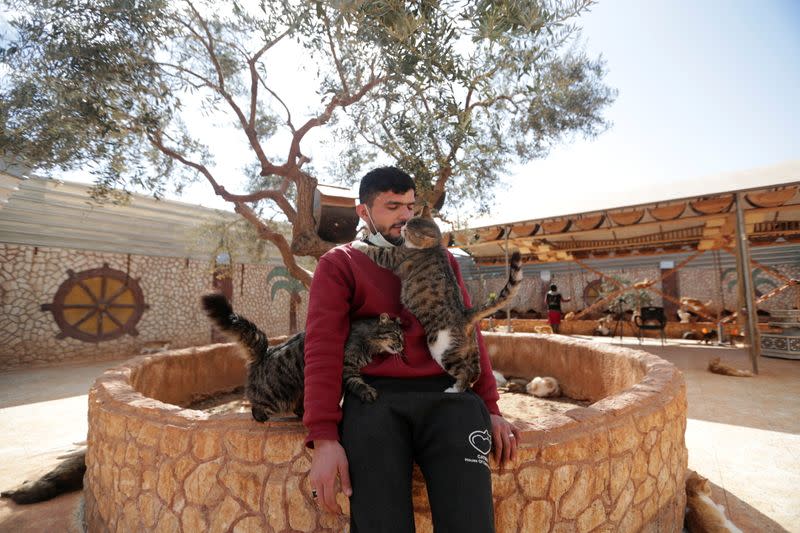 A worker plays with a cat at Ernesto's sanctuary for cats in Idlib