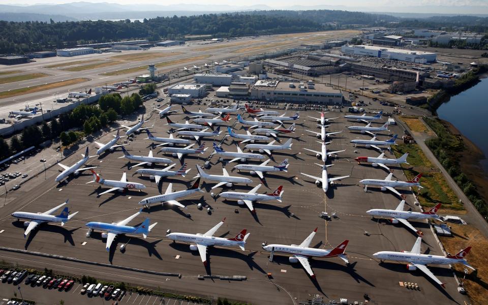 Grounded Boeing 737 MAX aircraft are seen parked at Boeing Field in Seattle