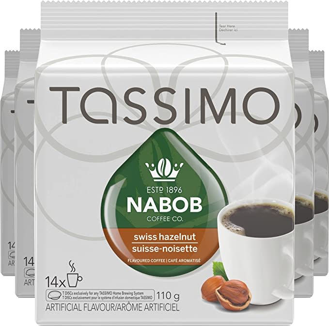 Tassimo Nabob Swiss Hazelnut Coffee Single Serve T-Discs, (5 Boxes). Image via Amazon.